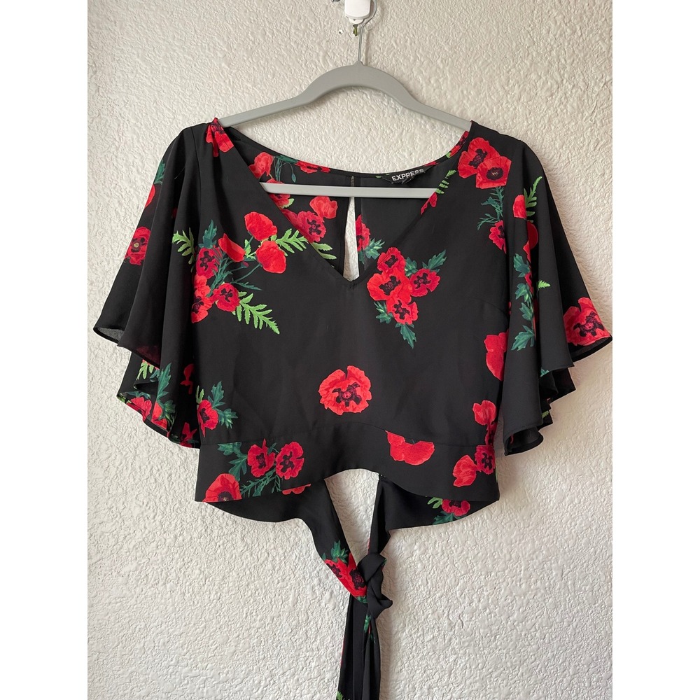 Express Floral Blouse Tie Front Flutter Sleeve Keyhole Black Red XS‎